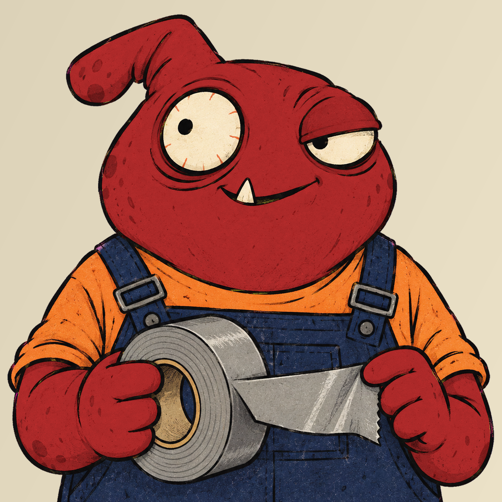 Fix Flo, a red office monster in dungarees holding duct tape